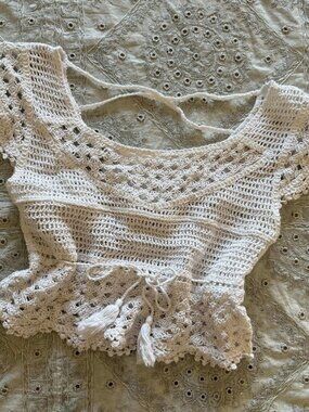 boho knit crochet short sleeve blouse, bought in india never worn, small